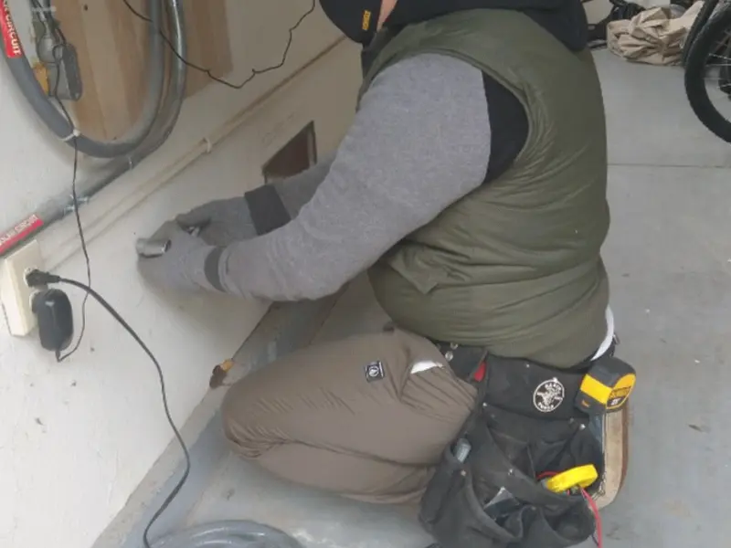 Electrician performing outlet wiring in a Minot garage
